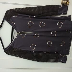 Blue Half Zipper with Pink Hearts and Black Sheer Striped Long Sleeves Sz L